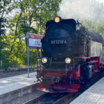 Eine Dampflok der Harzerschmalspurbahnen steht dampfend im Bahnhof Ilfeld.