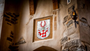 Das Wappen der Hohnsteiner Grafen an der Wand einer alten Burg. Symbolbild. KI.