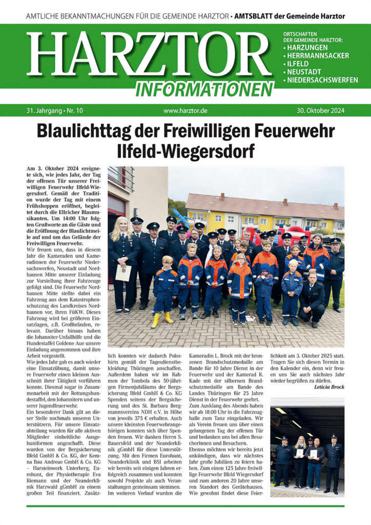 Titel-Seite der Oktober-Ausgabe der Harztor Informationen, dem gedruckten Amtsblatt der Gemeinde Harztor