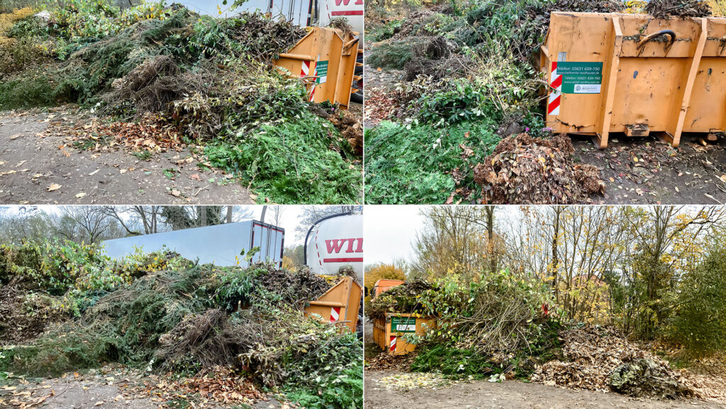 Eine Collage aus vier Fotos, die den unhaltbaren Zustand n einem Grünabfallcontainer in der Gemeinde zeigen.