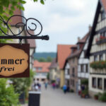 Ein Blick in eine mit Fachwerkhäusern bebaute Straße, vorn ein Schild mit der Aufschrift "Zimmer frei"