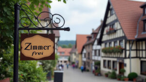 Ein Blick in eine mit Fachwerkhäusern bebaute Straße, vorn ein Schild mit der Aufschrift "Zimmer frei"