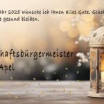 Eine weihnachtliche Grußkarte mit Wünschen und Unterschrift vom Ortschaftsbürgermeister Thomas Apel.