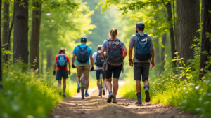 Foto einer gemischten Gruppe aus Wanderern und Mountainbike-Fahrern, die sich auf einem Waldweg auf eine Tour begeben.