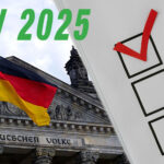 Collage zur Bundestagswahl 2025, eine deutsche Flagge vor dem Berliner Reichstag, schräg rechts davor ein angedeuteter Wahlzettel