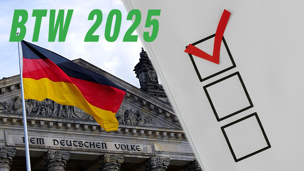 Collage zur Bundestagswahl 2025, eine deutsche Flagge vor dem Berliner Reichstag, schräg rechts davor ein angedeuteter Wahlzettel