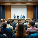 Das Bild zeigt eine große Gruppe von Menschen, die in einem Konferenzraum sitzen und einer Reihe von Personen zuhören, die auf einer Bühne stehen. Die Personen auf der Bühne scheinen eine Präsentation oder eine Rede zu halten. Der Raum ist gut beleuchtet und die Atmosphäre scheint formell zu sein.