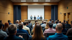 Das Bild zeigt eine große Gruppe von Menschen, die in einem Konferenzraum sitzen und einer Reihe von Personen zuhören, die auf einer Bühne stehen. Die Personen auf der Bühne scheinen eine Präsentation oder eine Rede zu halten. Der Raum ist gut beleuchtet und die Atmosphäre scheint formell zu sein.