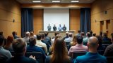 Das Bild zeigt eine große Gruppe von Menschen, die in einem Konferenzraum sitzen und einer Reihe von Personen zuhören, die auf einer Bühne stehen. Die Personen auf der Bühne scheinen eine Präsentation oder eine Rede zu halten. Der Raum ist gut beleuchtet und die Atmosphäre scheint formell zu sein.