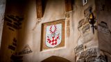 Das Wappen der Hohnsteiner Grafen an der Wand einer alten Burg. Symbolbild. KI.